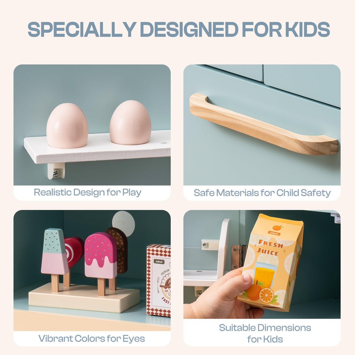 ROBUD Fridge Refrigerator with Ice Dispenser, Wooden Play Fridge Freezer Set for Kids, Toddler Kitchen Playset with Full Accessories Pretend Play Set, Gift for Boys & Girls, Age 3+ ROBUD