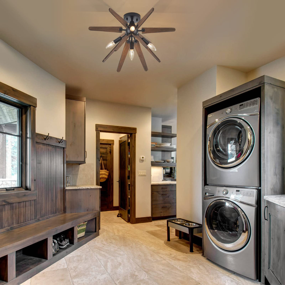 VANZARLA 4-Light Sputnik Semi Flush Mount Light Black, Wood Hallway Lights, Farmhouse Light Fixture for Kitchen, Rustic Close to Ceiling Light Fixture for Entryway Laundry Nursery Bedroom VANZARLA