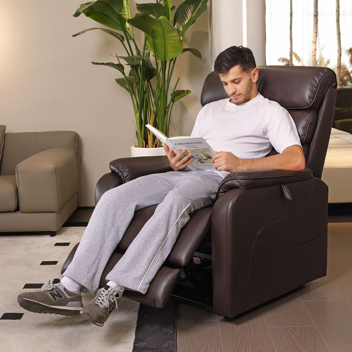 EONIX Dual Motor Lay Flat Power Lift Recliner Chair for Elderly, Electric Leather Lift Chairs for Adults, 400lbs Heavy Duty Power Recliner Lift Sofa with Heat and Massage, Dark Brown EONIX