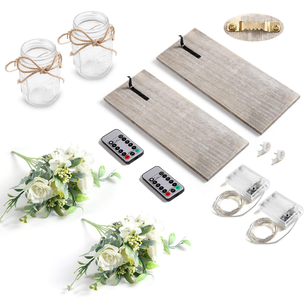 Wall Decor Mason Jar Sconces - Home Decor Wall Art Hanging Design with Remote Control LED Fairy Lights and White Rose, Farmhouse Wall Decorations for Bedroom Living Room Lights Set of Two Homecor