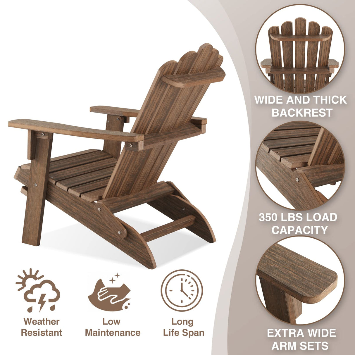 ACUEL Folding Adirondack Chair, Poly Lumber Fire Pit Chair, Durable All-Weather Patio Chairs for Garden, 350 Lbs Support Oversized Adirondack Chair (Bright Brown, 1 pc) ACUEL