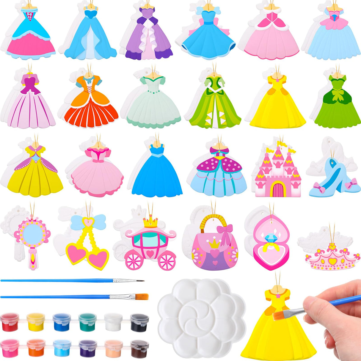 Seenelling 24 Set Princess DIY Painting Kit Ceramic to Paint Your Own Princess Dress Castle Statues Unpainted Plaster Figurines Brushes Acrylic Paints Bags Party Favor for Adults Girls Baby Shower Seenelling