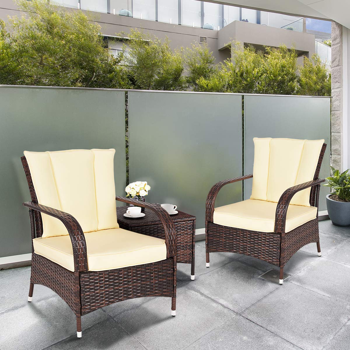 Tangkula 3 Piece Patio Furniture Set, 2 Wicker Chairs with Glass Top Coffee Table, Outdoor Garden Porch Poolside Furniture Set for 2, Rattan Conversation Set Tangkula