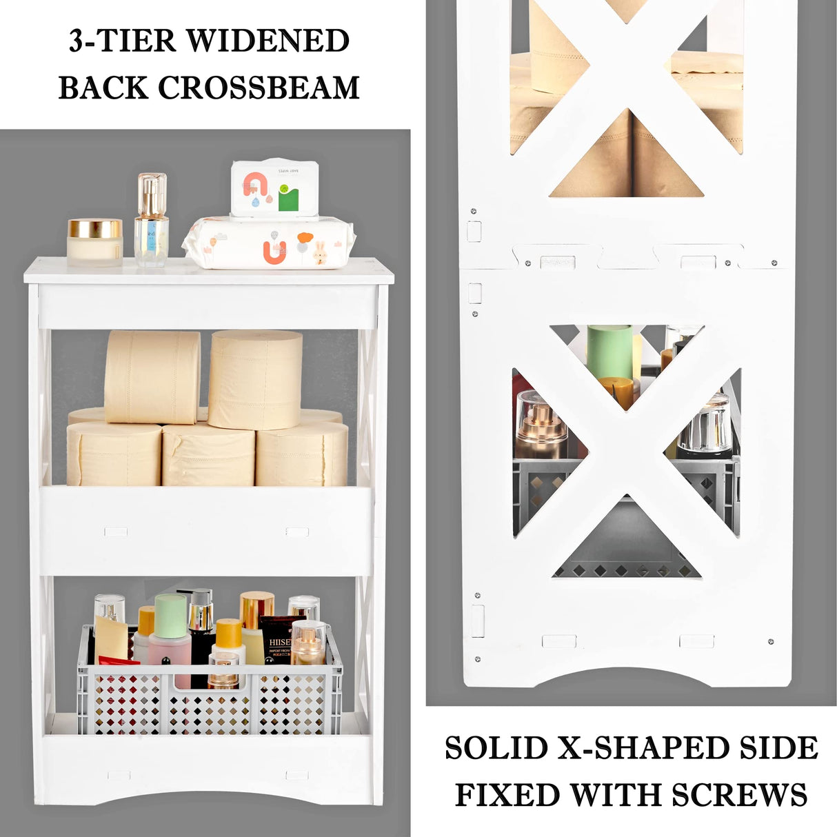 BYFU 3-Tier Side Table Set of 2, Narrow End Table with Storage Shelf, White Nightstand Bedside Table Small Bookshelf Bookcase Display Rack for Bedroom Bathroom Living Room Office BYFU