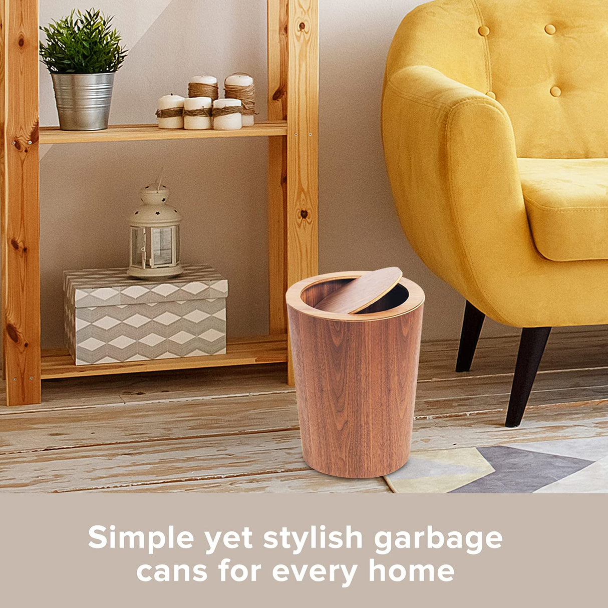 Modern Round Trash Can with Lid,Solid Real Wood Waste Basket in Walnut,8L/2.1Gal,9.25"x7.5"x11.8" Swing Top Small Trash Can, Living Room, Office & Bathroom Farmhouse Loft Wooden Style Primo Supply