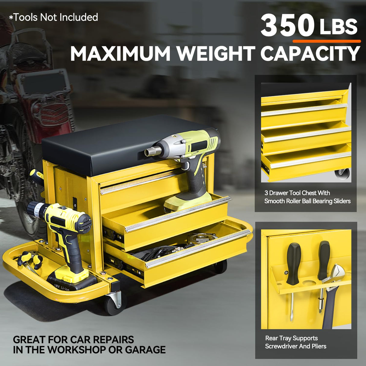 PM PERFORMOTOR 3-Drawer Tool Chest Rolling Mechanic Seat with Tool Trays,350lbs Max Weight Capacity, Yellow,PM-TOL-RST1-YL PM PERFORMOTOR