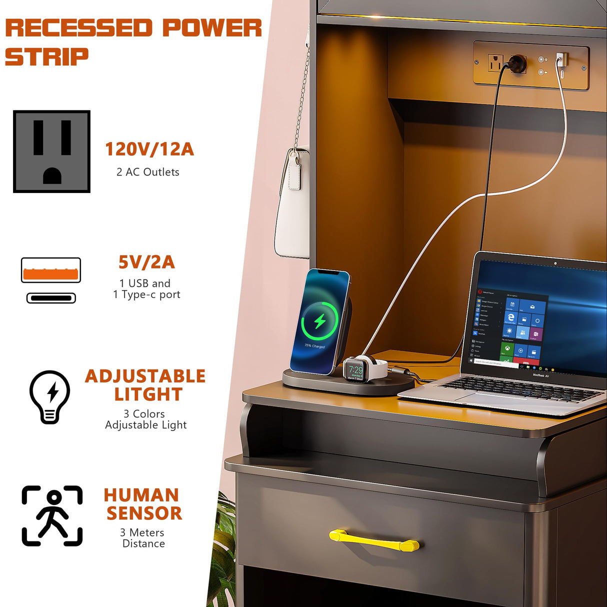 Gurexl 3 in 1 Vanity Desk with Human Sensor LED Light,Tall Makeup Vanity Set with 2 AC Outlets & USB-C,Make Up Vanity Desk with Flip-up Mirror,Jewelry Box,Cushioned Tool,2 Drawer,Bedroom Gurexl