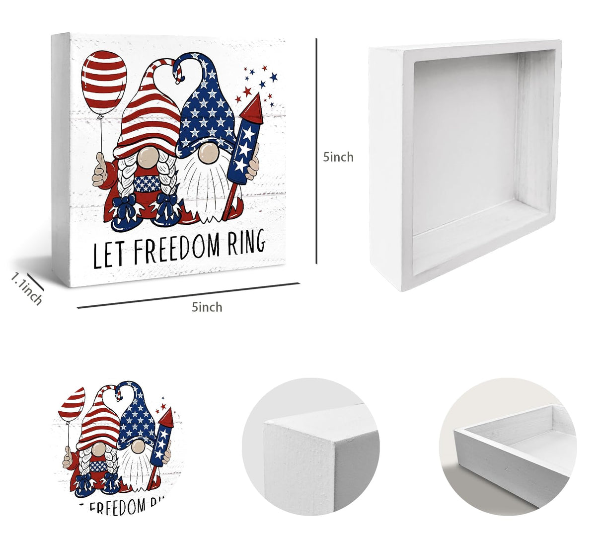 JXREQ 4th of July Decorations, Patriotic Decor Wood Box Sign, Independence Day Tiered Tray Decor, Farmhouse Rustic Gnomes Let Freedom Ring Sign, Home Office Bedroom Table Decoration, 5x5 Inch JXREQ