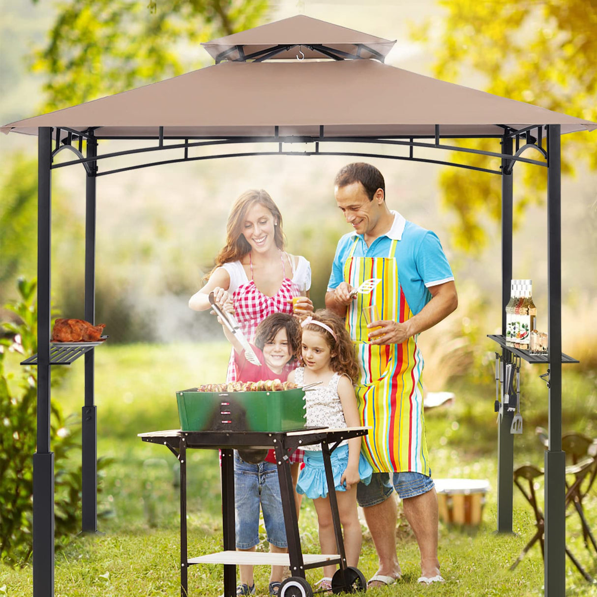 ABCCANOPY 8x5 Grill Gazebo - Outdoor BBQ Canopy Shelter with Led Light for Patio Backyard Grilling (Khaki) ABCCANOPY