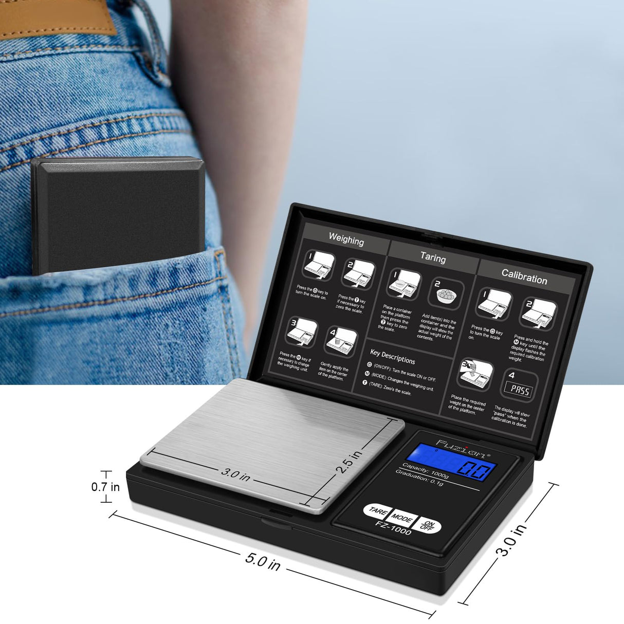 Fuzion Digital Pocket Gram Scale 1000g/0.1g, Small Digital Scales Grams Ounces Grains, Herb Scale, Jewelry Scale, Portable Travel Food Scale Fuzion