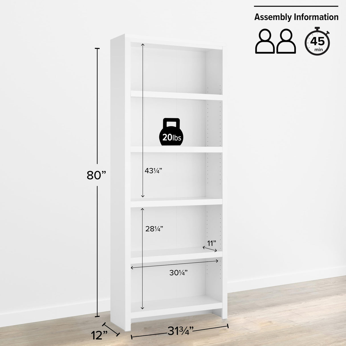 Prepac Moda 5-Tier Tall Wooden Bookcase, White Storage Cabinet, Display Cabinet, Bookshelf with Storage Shelves 31.75" W x 80" H x 12" D for Home Office, Living Room, Bedroom Organizer Prepac