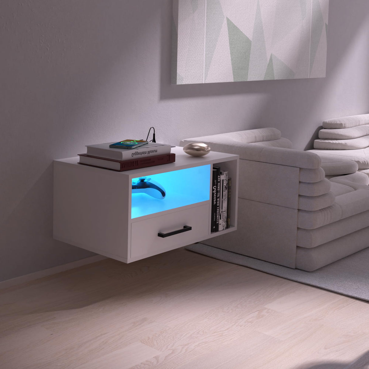 Bloddream Floating Nightstand with Charging Station and LED Light Strips, 21.3" Bedside Table with Drawers,Floating Bedside with USB Ports and Outlets, Bedroom Furniture Bloddream