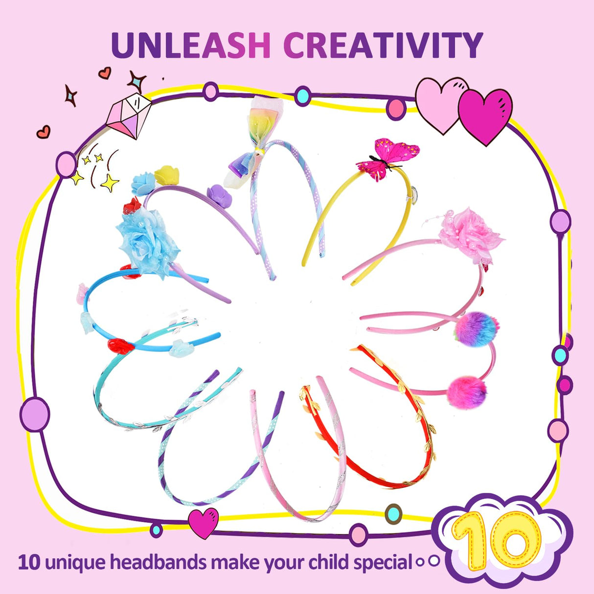 Heroange Headband Making Kit for Girls, Arts and Crafts for Kids Ages 5-7, DIY Hair Accessories Set for Girls Toys 8-12, Made Your Own 10 Fashion Headbands, Christmas Birthday Gifts Heroange