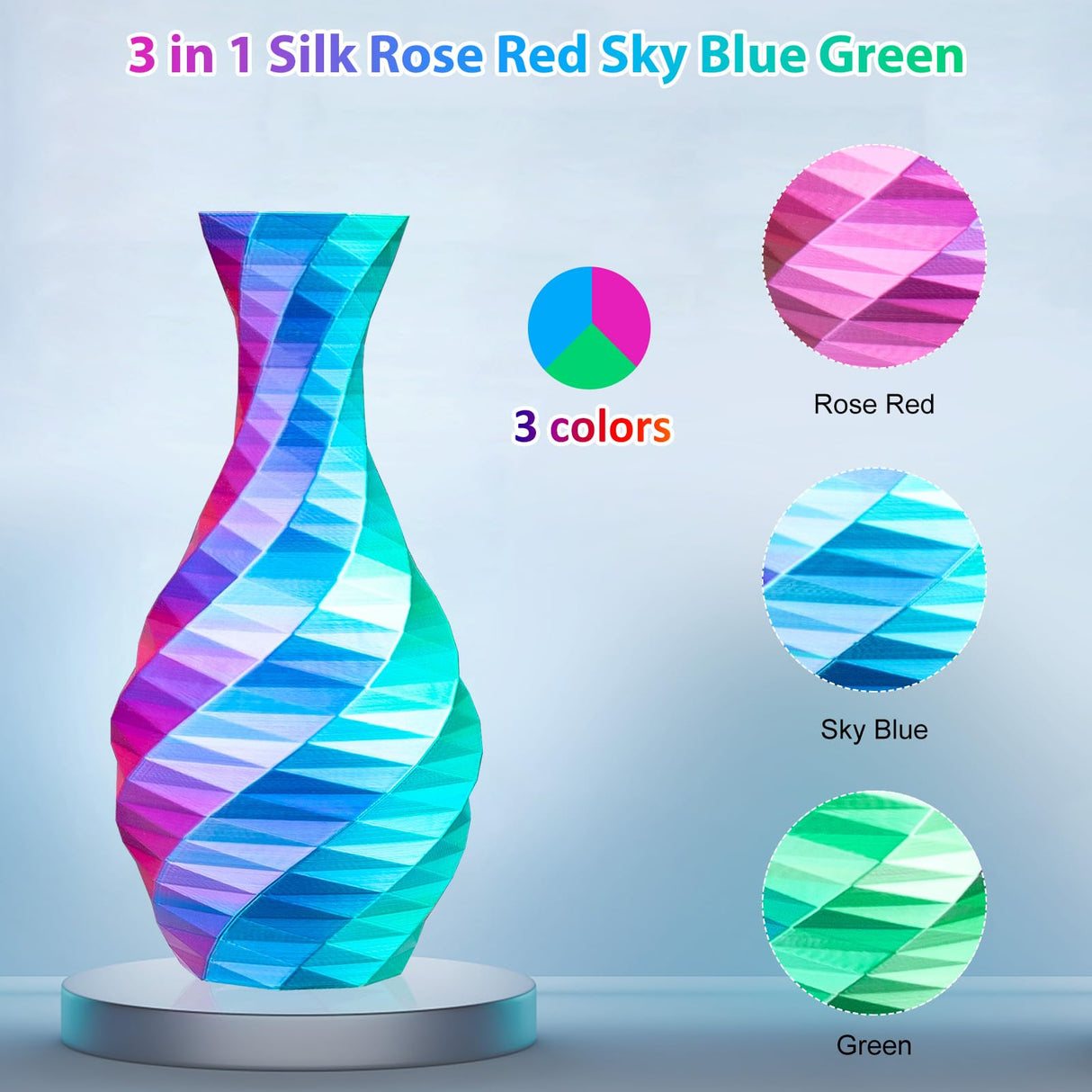 3Dgenius Silk PLA 3D Printer Filament Triple Color Silk PLA Filament 1.75mm 3D Printing Filament Fit Most FDM Printers, 250g Spool(0.55lbs), 3 in 1 Color Rose Red Sky Blue Green 3Dgenius