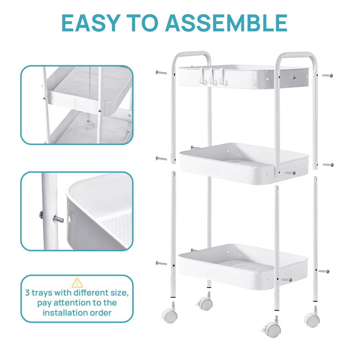 Vtopmart 3 Tier Metal Rolling Cart, Utility Rolling Carts with Wheels, Handle and Lockable Casters, Storage Trolley with Hooks, Easy Assemble for Kitchen, Living Room, Office, Nursery, Garage (White) Vtopmart