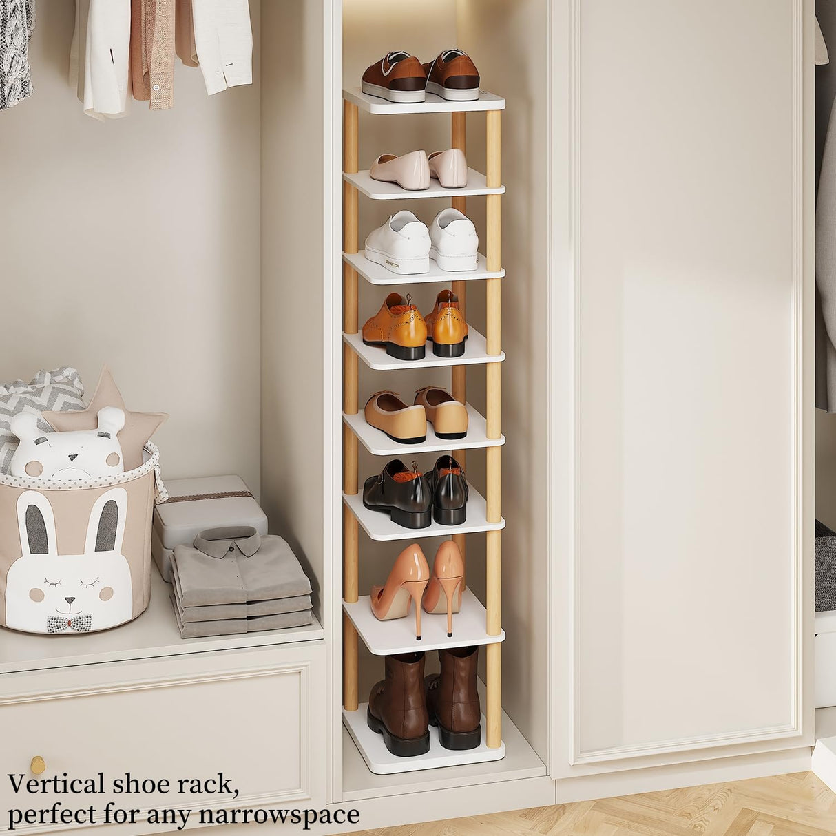 LUCKNOCK Vertical Shoe Rack, 8-Tier Tall Narrow Shoe Organizer for Entryway, Closet, Dorm & Small Spaces, Freestanding White Wooden Shoe Shelf Tower for Boots, Sneakers, Heels. LUCKNOCK