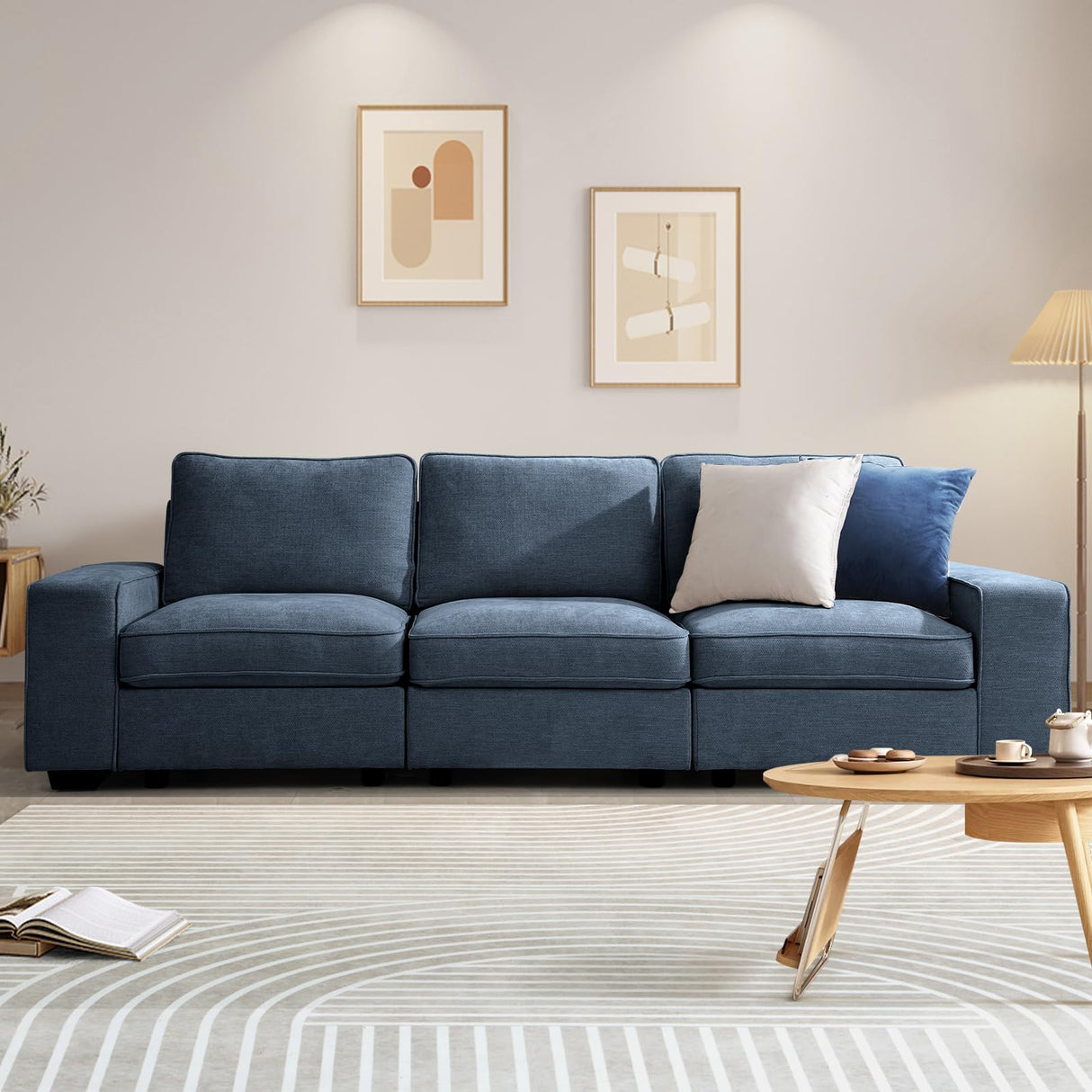 COOSLEEP 100" Sofa with Seats Storage, Comfy 3-Seater Chenille Fabric Couch for Living Room, Office, Apart W/Deep Seat, USB Charging, Upholstered Couch with Removable Cover, (Blue) COOSLEEP HOME