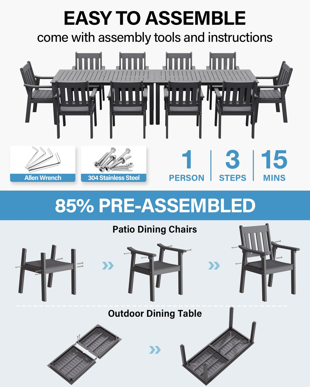 YEFU Outdoor Patio Dining Sets: All Weather 12 Piece Dining Table Set for 10 with Umbrella Hole & Aluminum Frame - Outdoor Furniture 2 Table and 10 Chairs for Outside Backyard/Porch/Deck Grey YEFU
