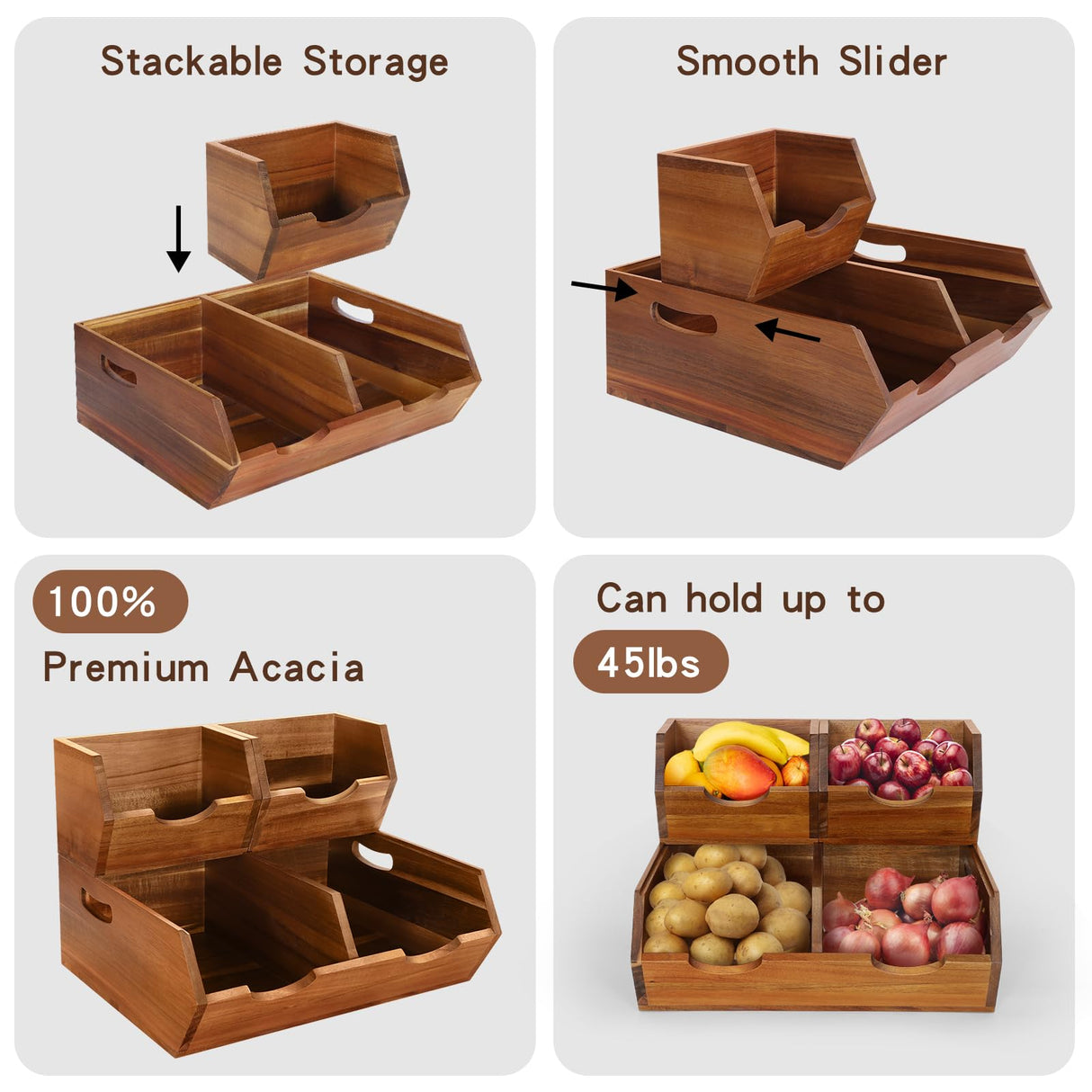 3 in 1 Acacia Wood Pantry Storage Bins for Kitchen(No installation Required)-Potato and Onion Storage Bins,2-tier Vegetable and Fruit Organizer with Anti-slip Mat,Stacking Bins for Kitchen & Pantry EULXSUD