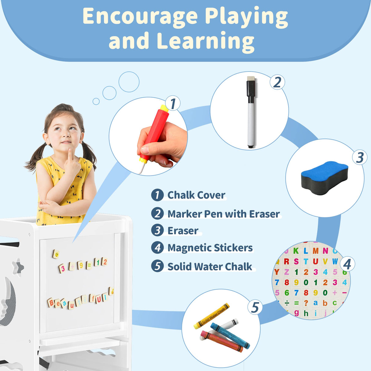 TOETOL Bamboo Toddler Kitchen Stool for Kids Step Stool - White Little Helper Tower Adjustable Height with Learning Black & White Activity Board1 TOETOL