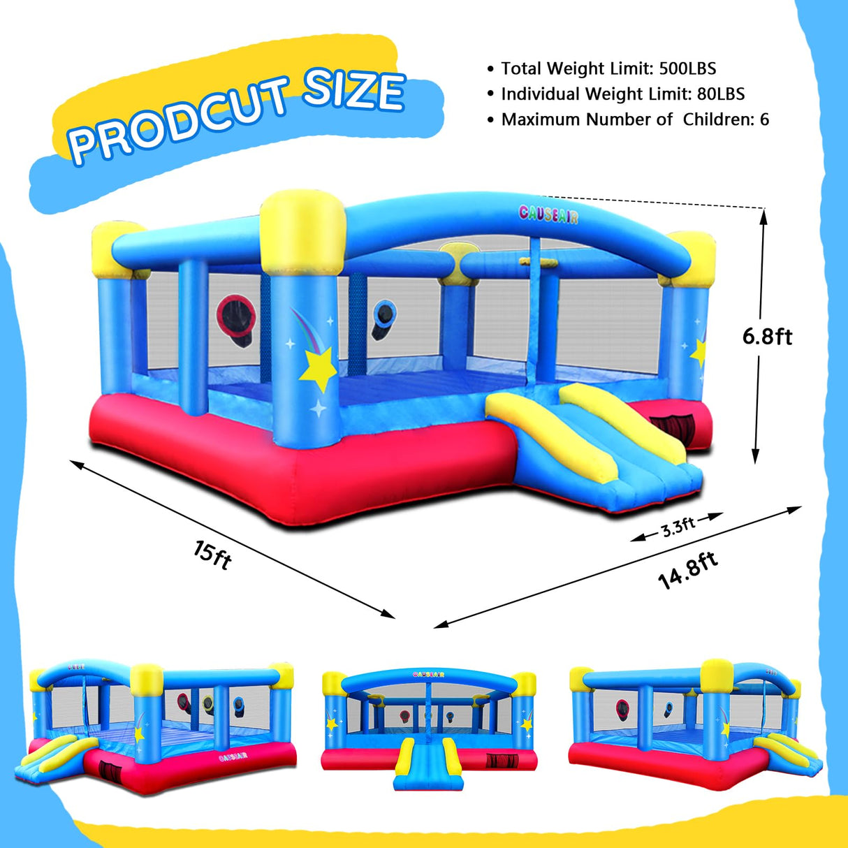 Causeair Big Inflatable Bounce House for Party Fun,15ft x 14.8ft,Double Basketball Hoop,Throw Ball Game,Reinforced PVC Bounce Floor,Jumping Bouncy Castle Holds 6 Kids causeair