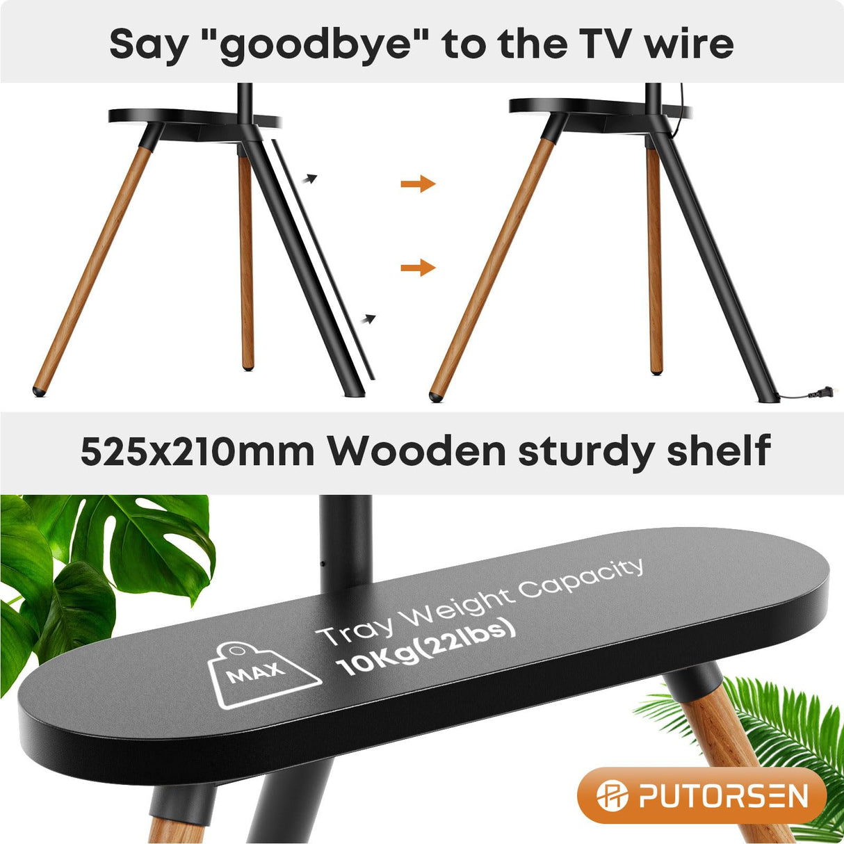 PUTORSEN Easel TV Stand for 42 43 to 65 Inch LED LCD OLED Screens, Portable Swivel Tripod TV Stand with Wooden Tray, Height Adjustable TV Floor Stand, Concealed Cable Management, Max Load 99lbs, Black PUTORSEN