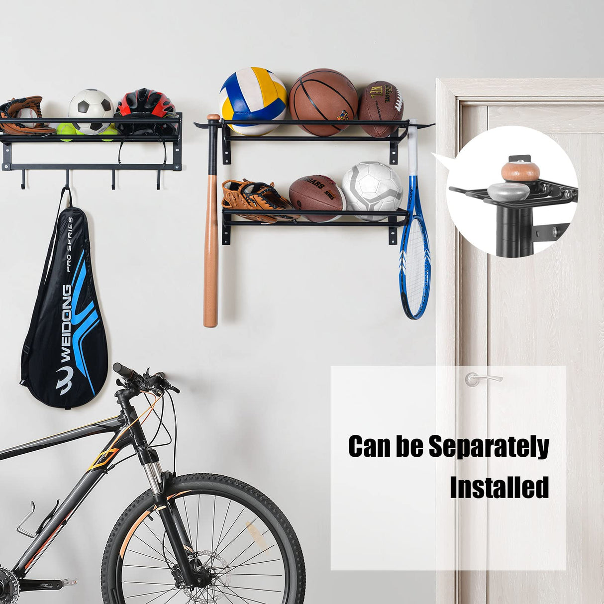 XCSOURCE Garage Sports Equipment Storage Rack with 3 Separate Shelf, Ball Rack, Sport Equipment Organizer with 4 Hooks for Badminton Racket, Basketball Rack for Basketball Football Rugby XCSOURCE