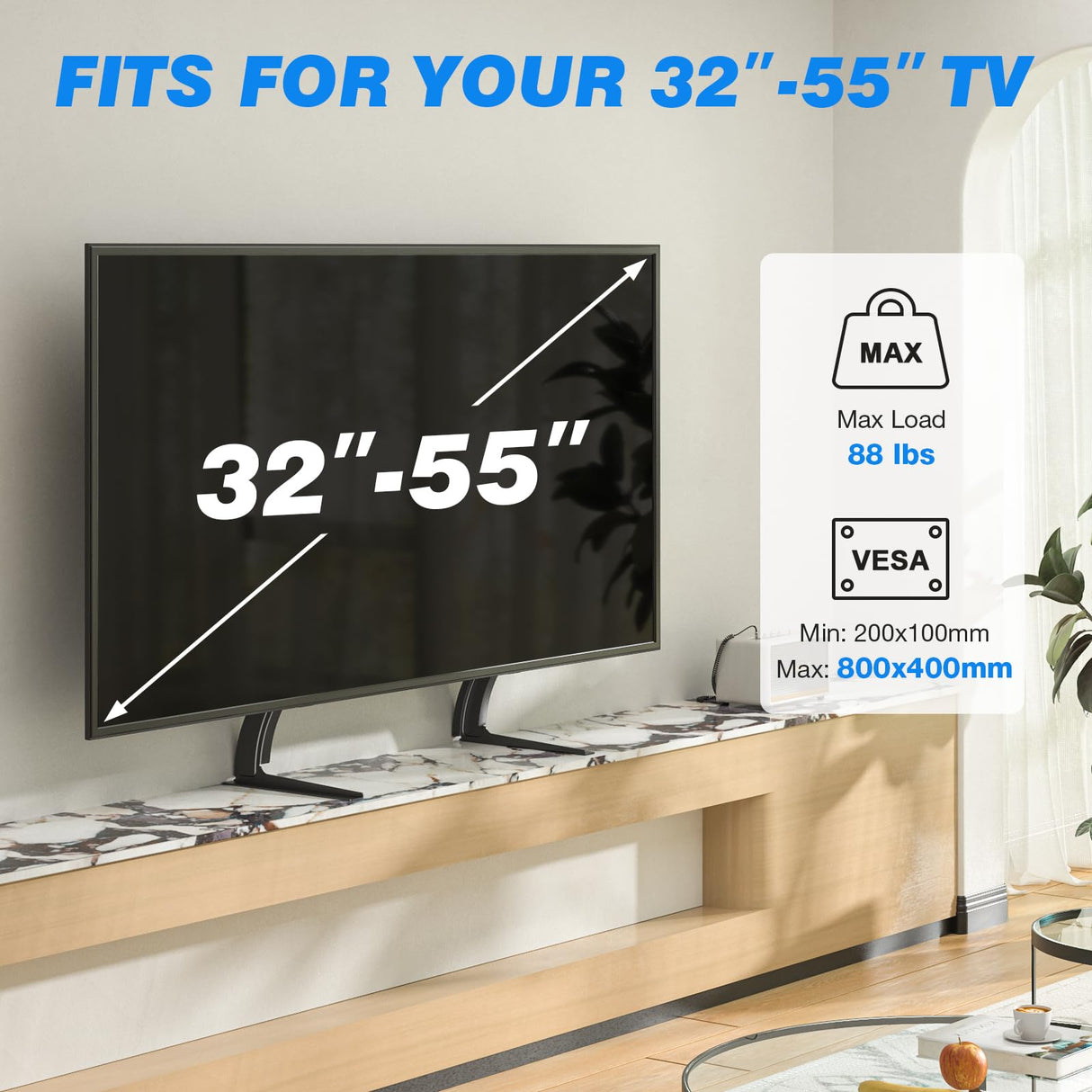 Rfiver Universal Table Top TV Stand Base TV Legs with Height Adjustment fits Most 32-55 Inch LCD LED Flat Screen TVs, Max VESA 800x400 mm, TV Feet Mount Holds up to 88 lbs, Black Rfiver