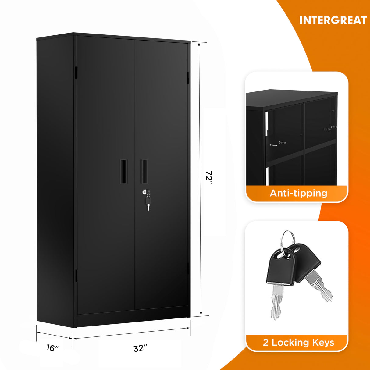 INTERGREAT Metal Garage Storage Cabinet with Lock, 72" H Storage Cabinets with Doors and Adjustable Shelves, Black Lockable Metal Cabinets for Garage, Warehouse, Tool INTERGREAT