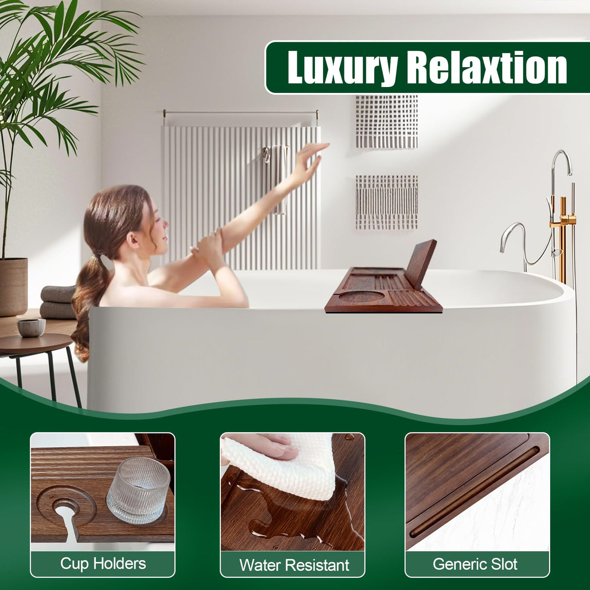 Graceware Solid Walnut Wood Bathtub Tray Table, Bath Caddy Tray for Tub (31"x8"x1"), Bath Table Tray for Tub, Luxury Bathroom Accessories for Women/New Home/House Warming Graceware