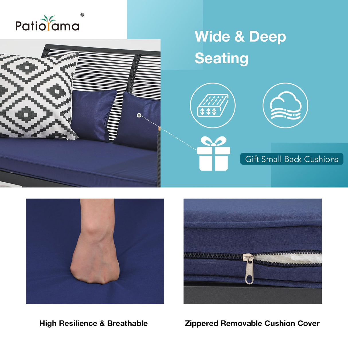 Patiorama 4 Piece Patio Furniture Set, Outdoor Wicker Bistro Set, All-Weather Black PE Rattan Conversation Set w/Coffee Table, Loveseat, Wood-Like Armrest, Cushions for Garden Balcony Deck, Navy Blue Patiorama