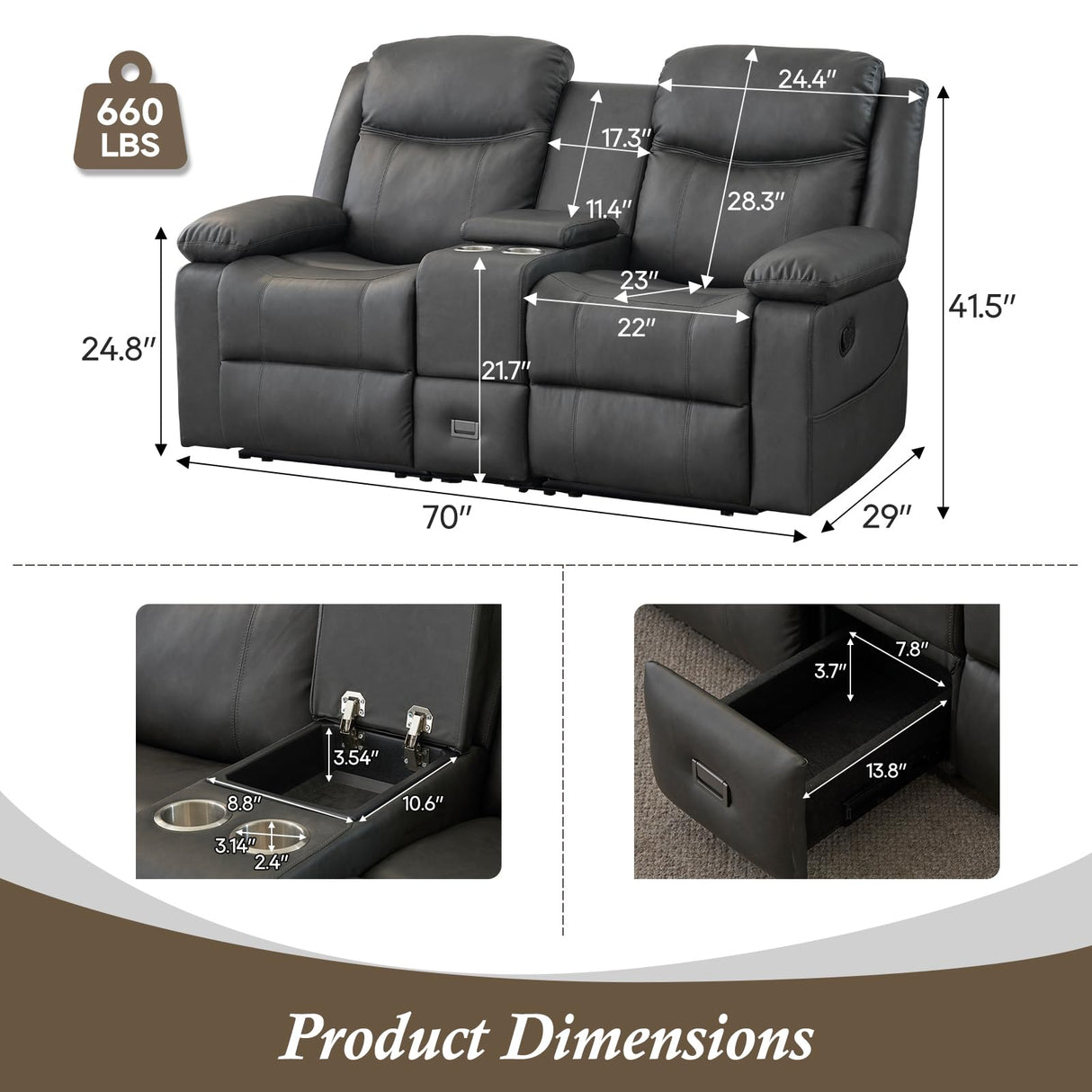 B BAIJIAWEI Loveseat Recliner, Reclining Sofa with Console, Double Reclining Couch, 2 Seater Manual Massage Couch for Living Room, Office, Home Theater(PU-Grey) B BAIJIAWEI