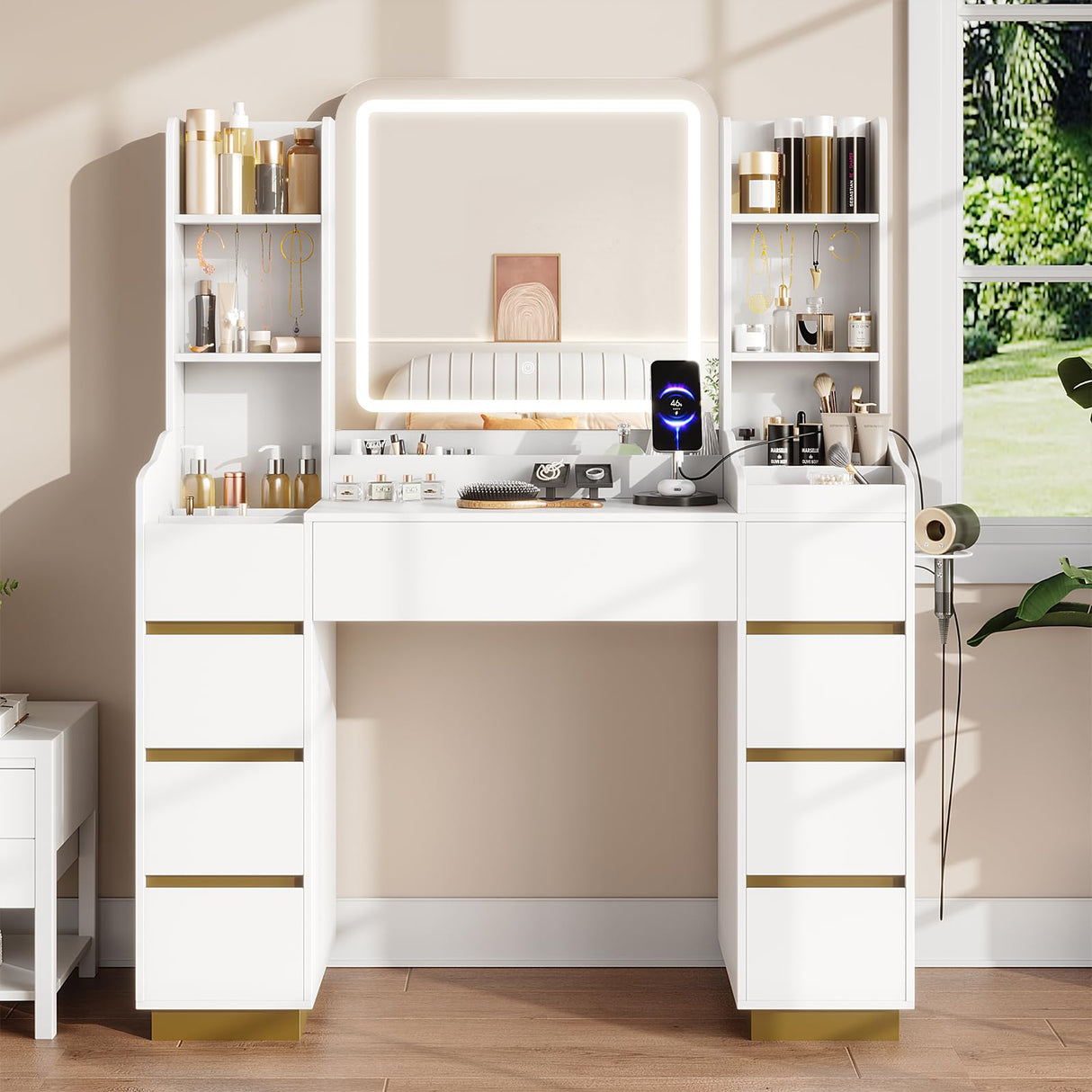Halitaa Large White Vanity with Lighted Mirror,3 Lighting Modes, 9 Drawers Gold Accent Makeup Vanity Table with Charging Station and 4 Shelves Halitaa