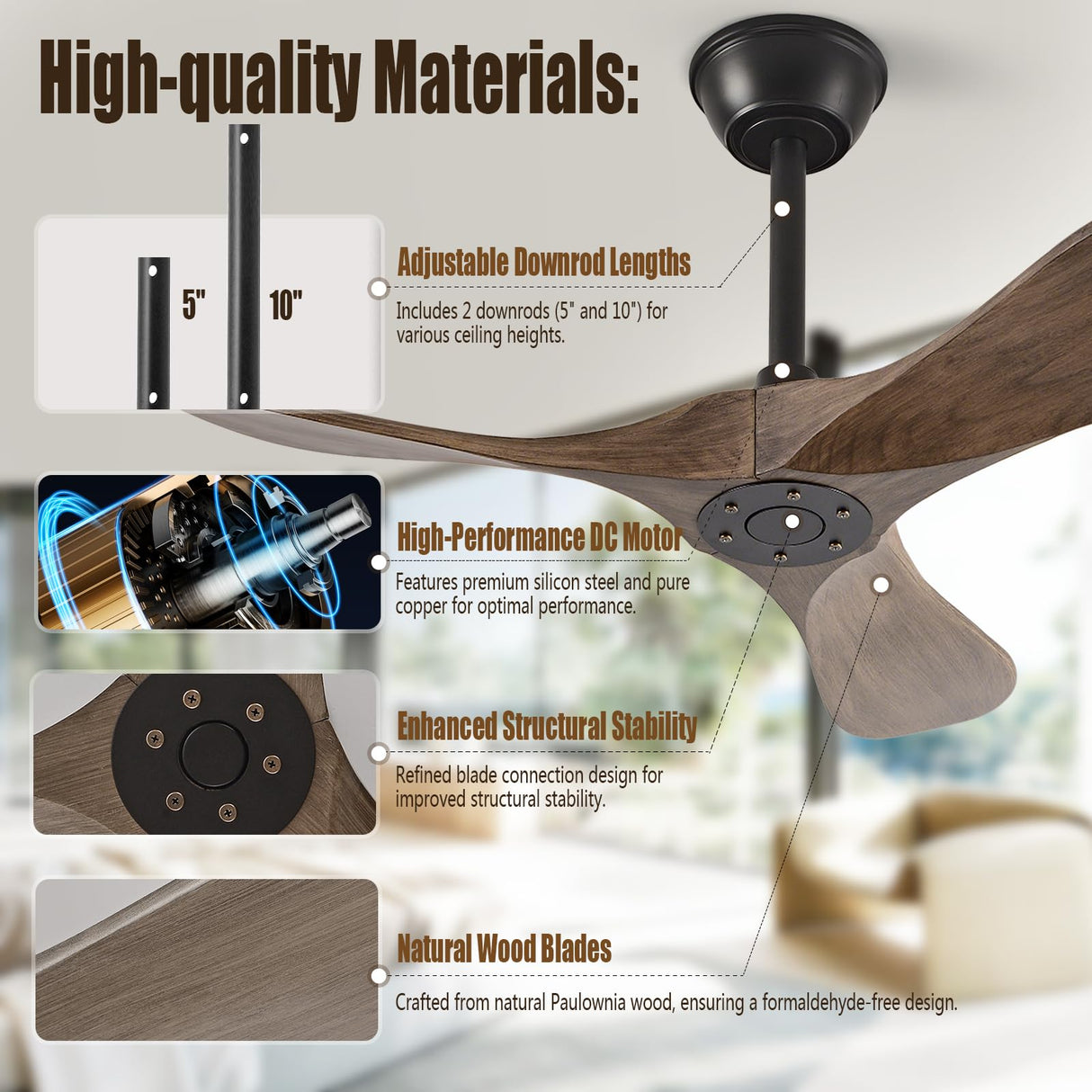 QWO 36" Outdoor Ceiling Fan No Light,Solid Wood Small Bedroom Ceiling Fans Without Lights, Outdoor Ceiling Fans For Patios, Porch and Living room,High Cfm DC 3 Blade Modern Ceiling Fan With Remote QWO