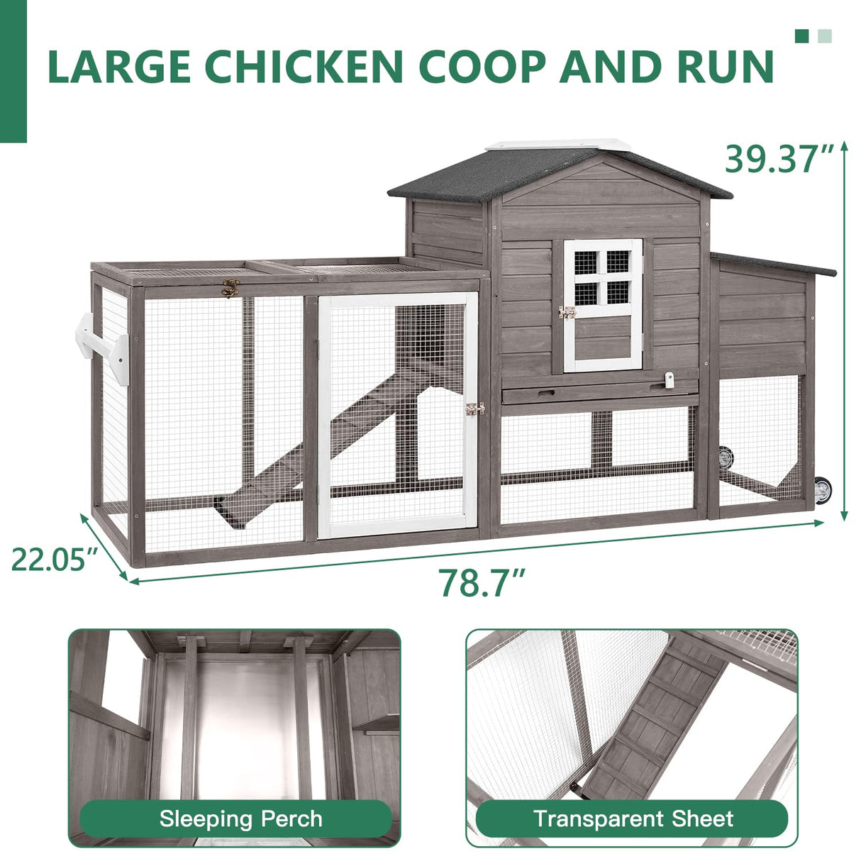 Magazoopet 79" L Chicken Coop with Run, Mobile Chicken Hen House with Wheels, Nesting Boxes, Indoor Outdoor Rabbit Hutch, Poultry Cage for Chickens Ducks Bunny with Removable Tray, Ramp (Grey) Magazoopet
