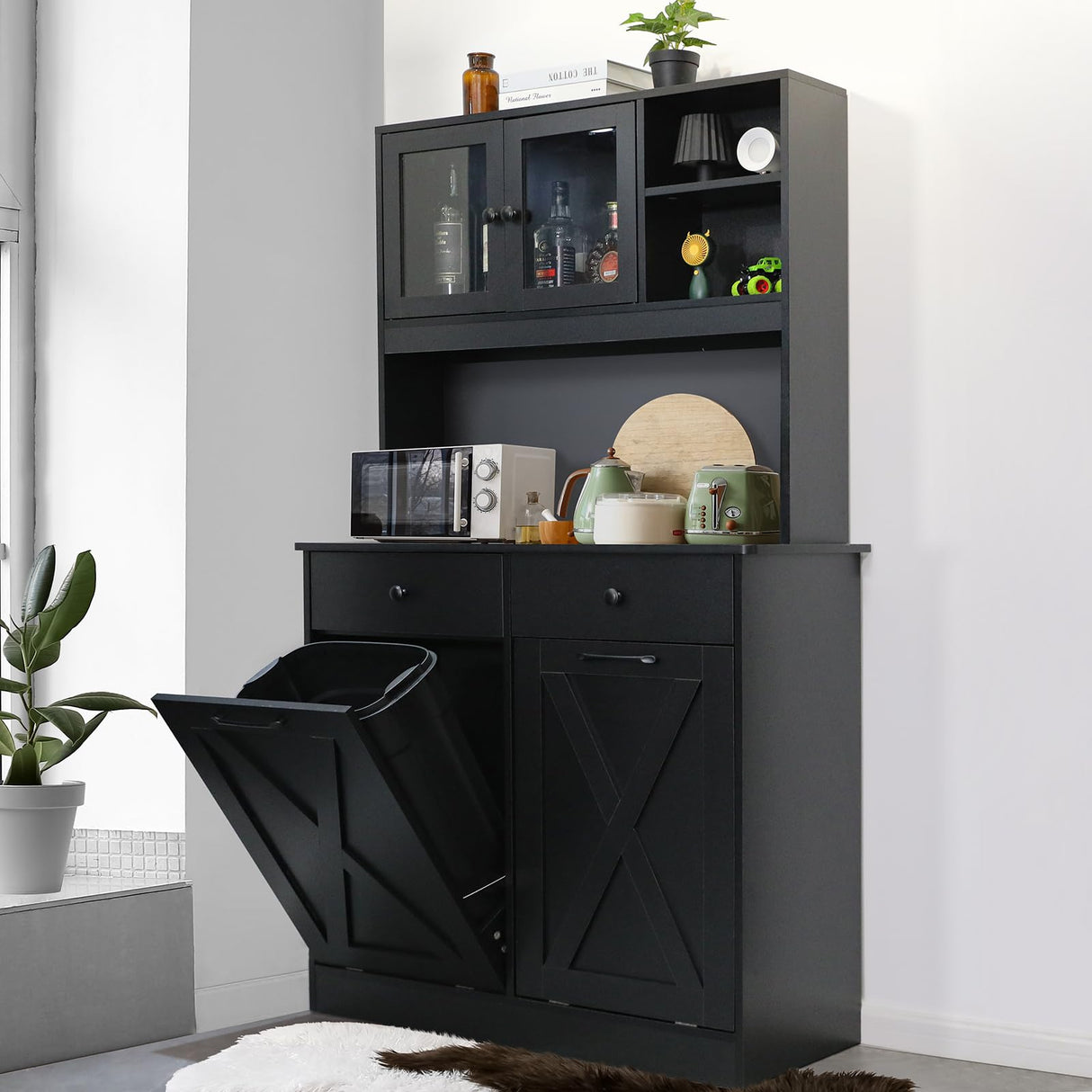 Arlopu Dual Tilt Out Trash&Storage Cabinet, Kitchen Sideboard Cupboard W/Pet Proof 10X2 Gal Hidden Garbage Holder, Freestand Laundry Sort Cabinet, W/Drawer, Shelves,Barn Door (Black) Arlopu
