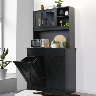 Arlopu Dual Tilt Out Trash&Storage Cabinet, Kitchen Sideboard Cupboard W/Pet Proof 10X2 Gal Hidden Garbage Holder, Freestand Laundry Sort Cabinet, W/Drawer, Shelves,Barn Door (Black)