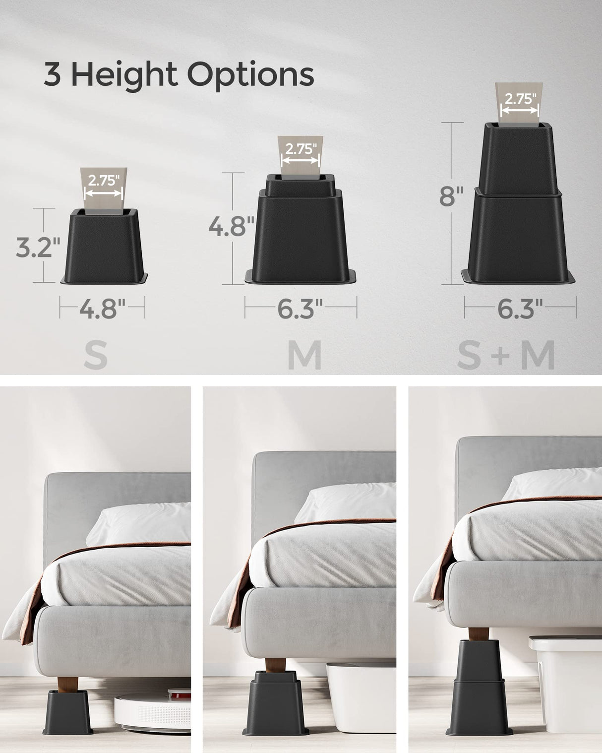 SONGMICS Bed Risers, 4-Pack Furniture Risers, Heavy Duty Bed Lifts in Heights of 3, 5 or 8 Inches, Lifts up to 1300 lb, Stackable Risers for Sofa, Table Legs Extenders, Black UCDG001B01 SONGMICS