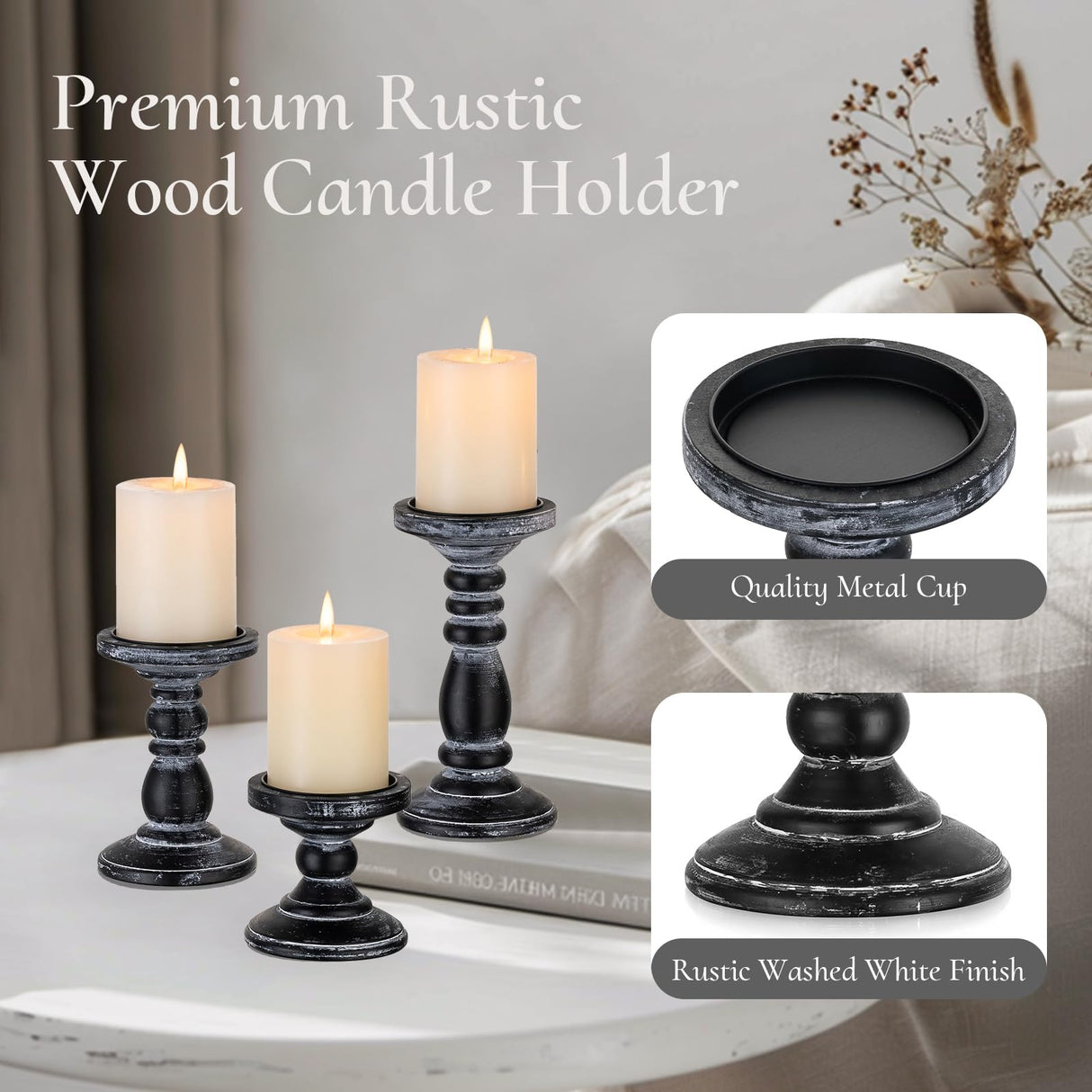 Inweder Wood Pillar Candle Holder: 3Pcs Rustic Black Candle Holders for Pillar Candles Wood Candle Holders Distressed Wooden Farmhouse Candle Holder Large Rustic Candle Holder for Fireplace Table Inweder