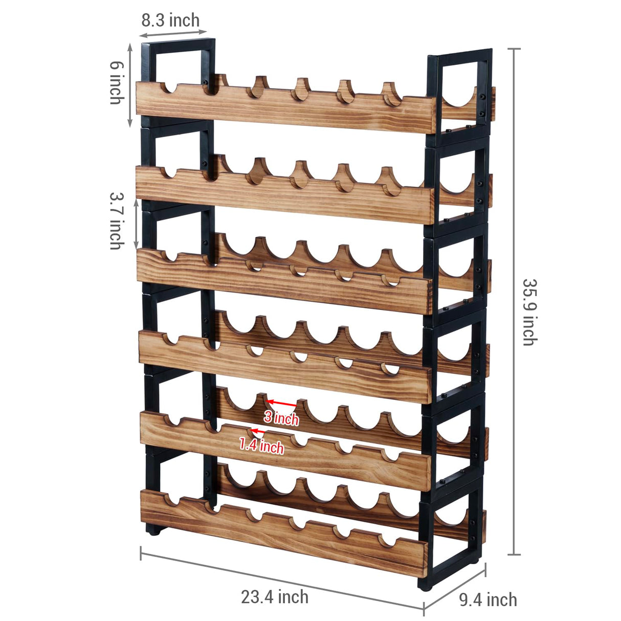 MyGift 6-Tier Freestanding Wine Bottle Rack with Burnt Solid Wood Shelf and Industrial Matte Black Metal Frame, Large Horizontal Wine Bar Storage Stand for 36 Bottles MyGift