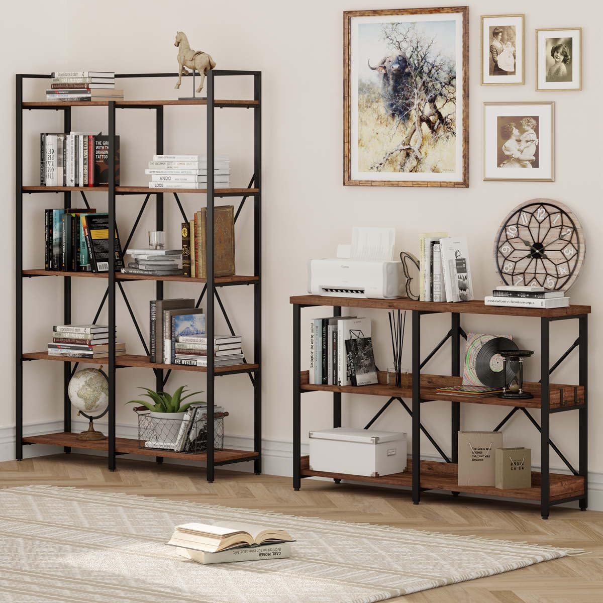 BON AUGURE Rustic Oak 3-Tier Console Table with Shelves - Versatile Entryway and Sofa Table for Living Room BON AUGURE