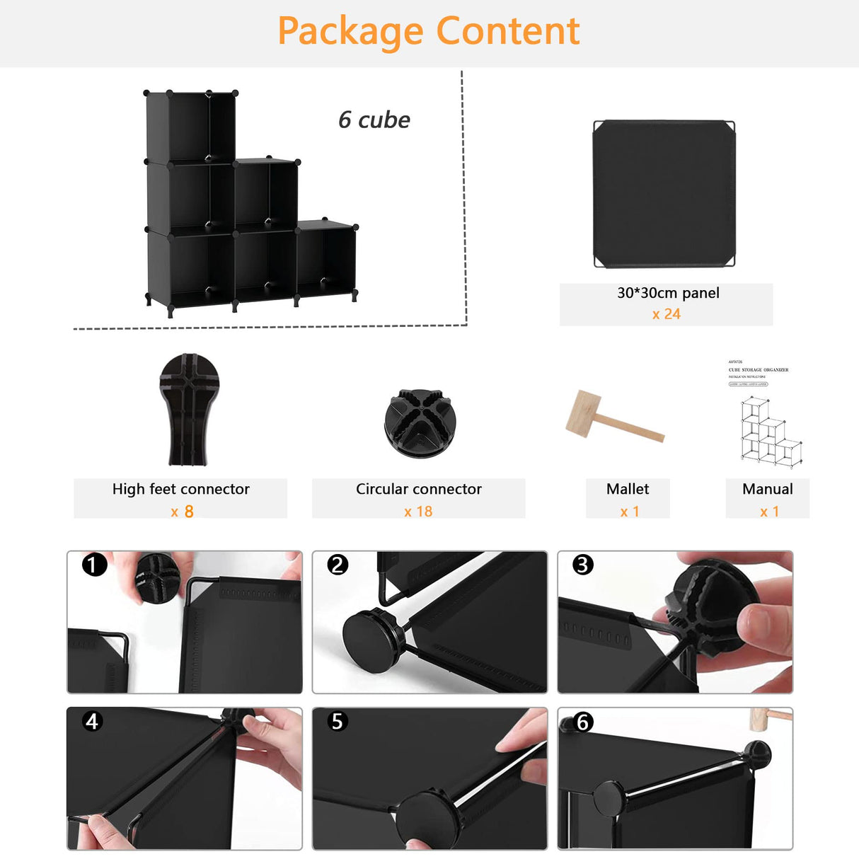 AWTATOS Cube Storage Organizer, Storage Cubes Shelves Bookshelf, 6 Cube Closet Organizers and Storage, DIY Stackable Plastic Clothes Organizer Shelving for Bedroom, Home, Black AWTATOS