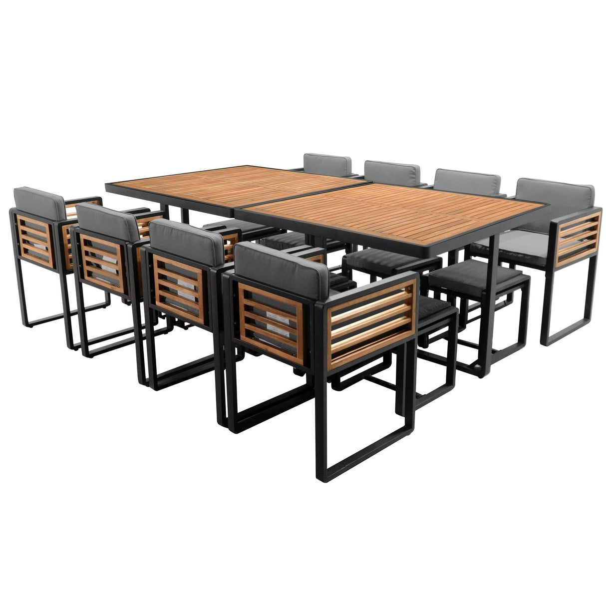 18-Pieces Acacia Wood Patio Dining Set, 8 Cushioned Chairs & 8 Ottomans & 2 Square Table,Space Saving Outdoor Patio Set for Backyard, Garden, Deck and Poolside (Gray/18) CKLMMC