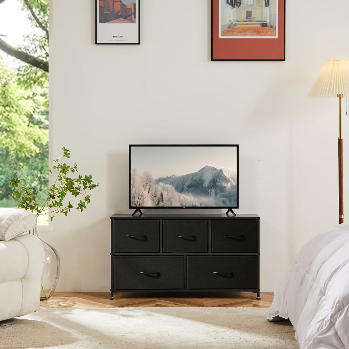 OLIXIS Dresser for Bedroom, 5 Storage Fabric Drawers, Metal Frame and Wooden Top, Tall Storage Drawer Dresser for Closet with Easy Pull Handles for Living Room, Entryway, Small Space Black OLIXIS