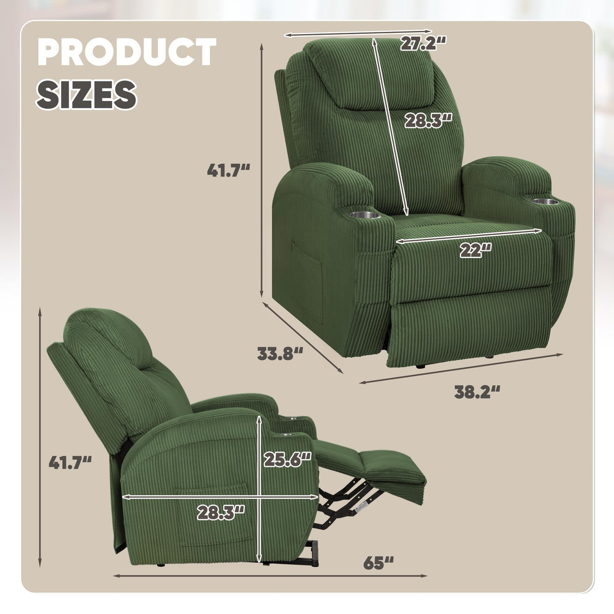VICTONE Electric Power Lift Recliner Chair for Elderly Reclining Sofa for Living Room with Massage, Side Pockets and Cup Holders (Corduroy, Green) VICTONE