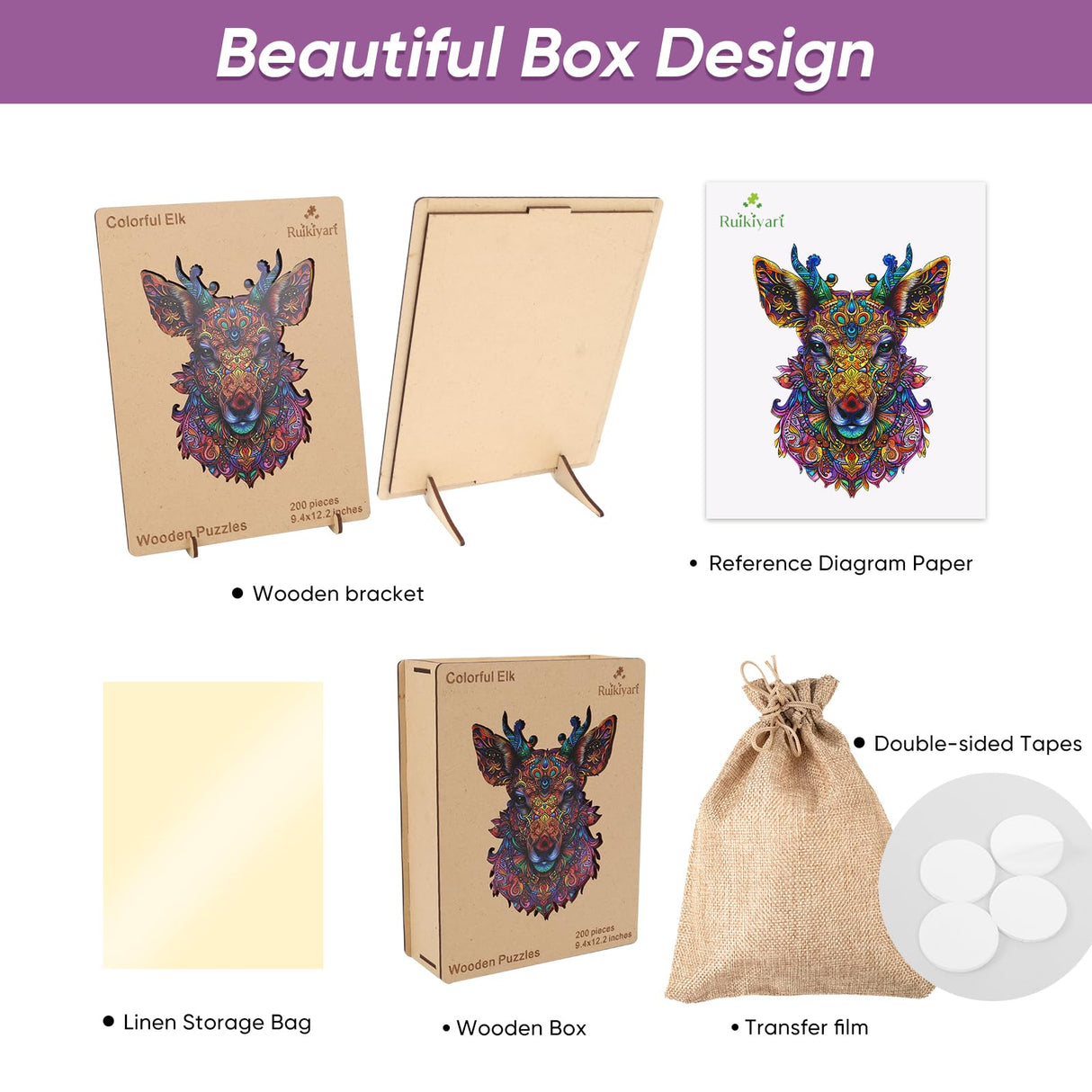 Ruikiyart Wooden Puzzles for Adults Mandala Deer Jigsaw Puzzles 200Pcs Unique Shapes Colorful Elk Animal Puzzles Fabulous Gift for Kids and Adults on Birthday,Thanksgiving,Christmas 9.4x12.2 Inches Ruikiyart