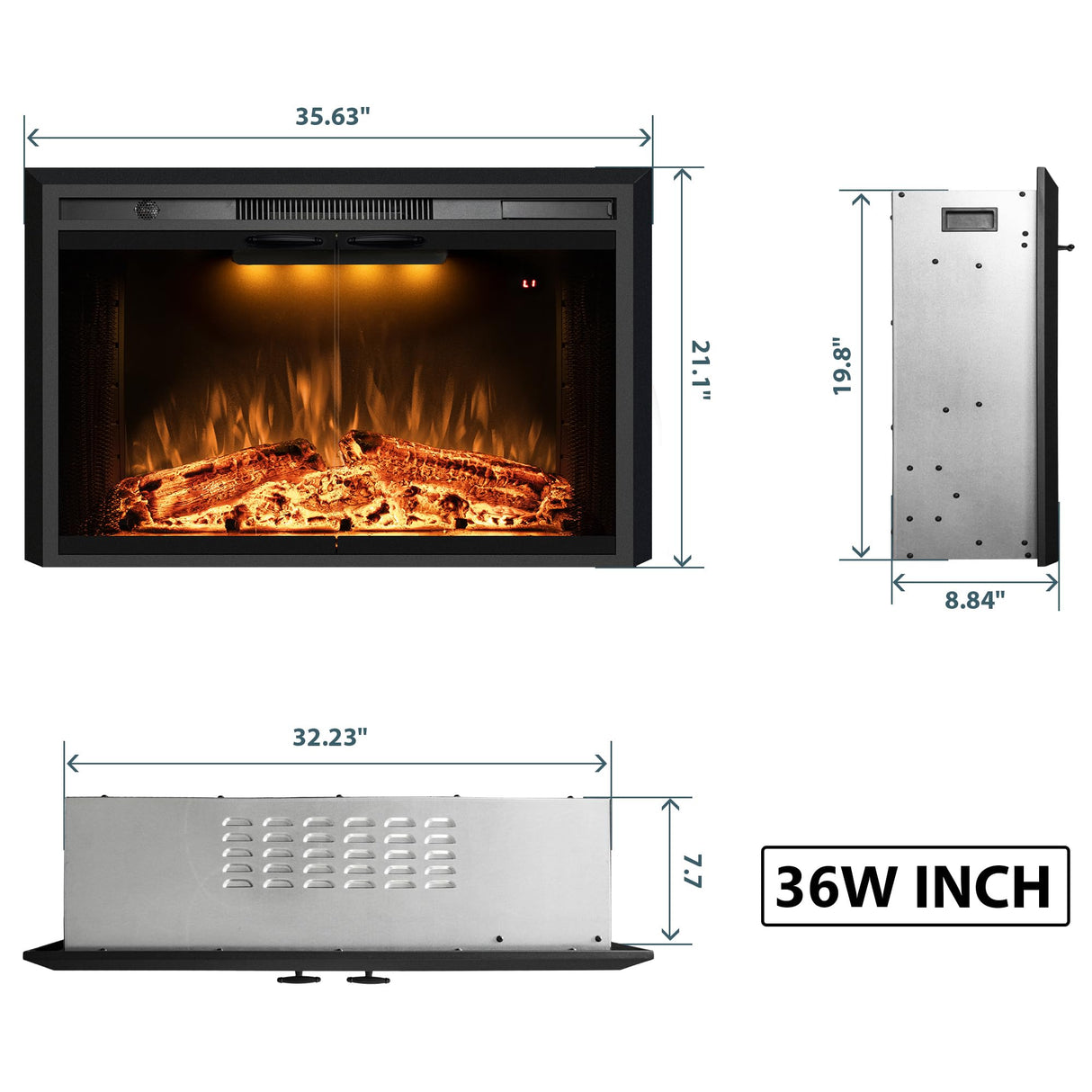 Benrocks 36” Electric Fireplace Inserts with Glass Door and Mesh Screen, Multicolor Flames & Fire Crackling Sounds, Timer, Overheating Protection Fireplace Heater, 750/1500W Benrocks