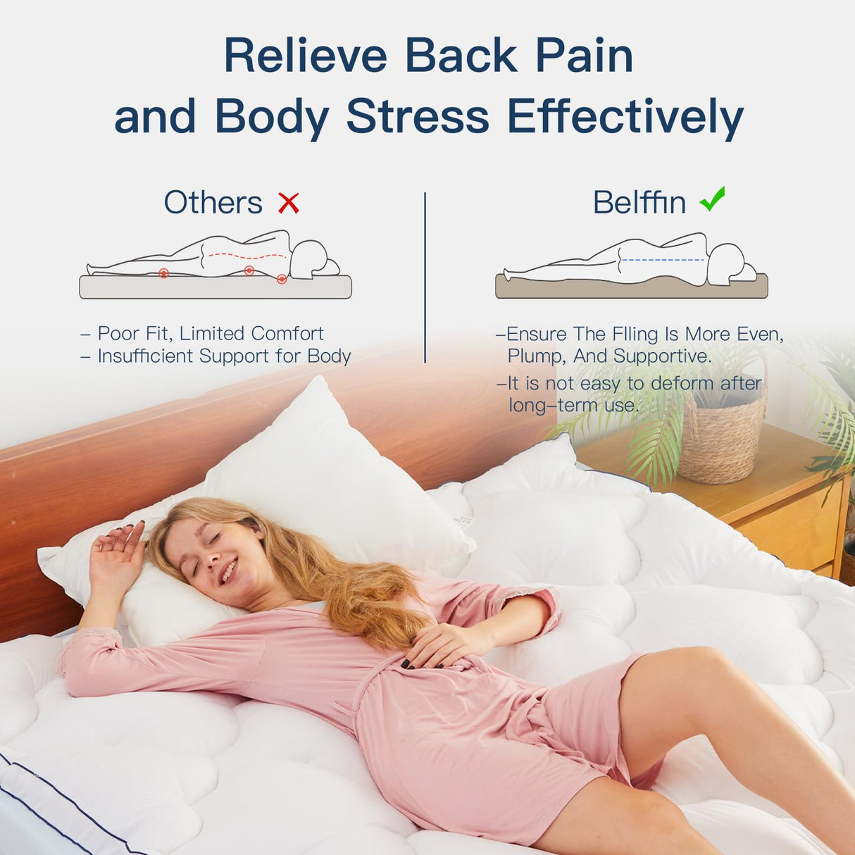 Belffin Pillow Top Mattress Topper Twin Size, Mattress Pad Cover with 8-21 Inch Deep Pocket, Bed Mattress Protector for Back Pain Relief, Soft Breathable Overfilled Down Alternative Filling, White Belffin