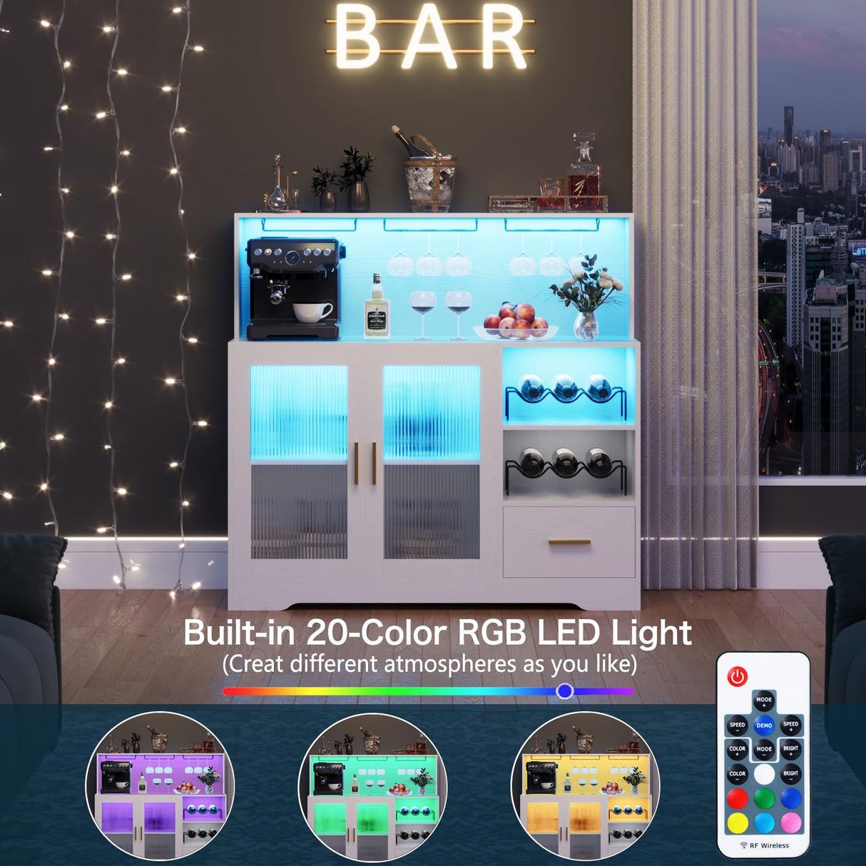 Wine Bar Cabinet with LED Light,with Wine and Glass Rack, Modern Kitchen Coffee Bar Cabinet with Storage, Buffet Sideboard with Drawers(White, Large) amzzar