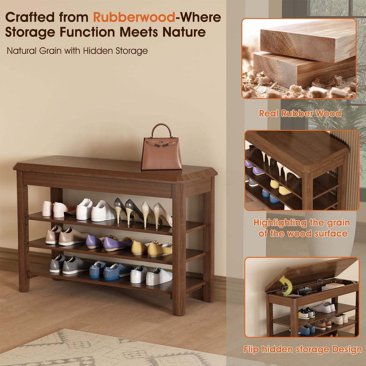 IUNVR Shoe Rack Bench Seat Rubberwood 3-Tier Wooden Storage Bench 550lbs Compact Mid-Century Modern Design for Entryway, Hallway, Closet, Front Door Entrance, Foyer IUNVR